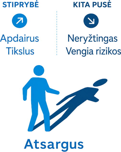 Hogan vertinimo pavyzdys: atsargaus profilio stiprybės - apdairumas ir tikslumas - ir jų kita pusė: neryžtingumas bei rizikos vengimas.